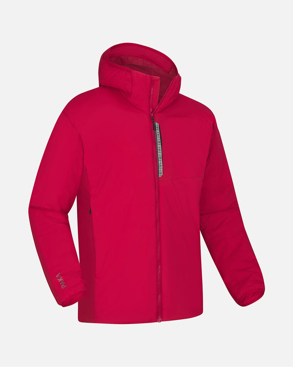 Front three-quarter view of Men’s Apu Lightweight Puffer jacket, Maca red, hooded with chest zip pocket on white background