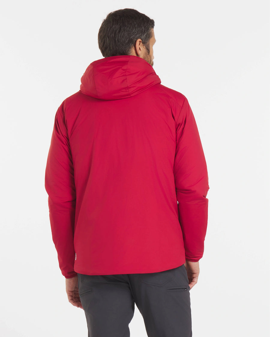 Rear view of Men’s Apu Lightweight Puffer in Maca Red on model, showing attached hood and smooth back on white background