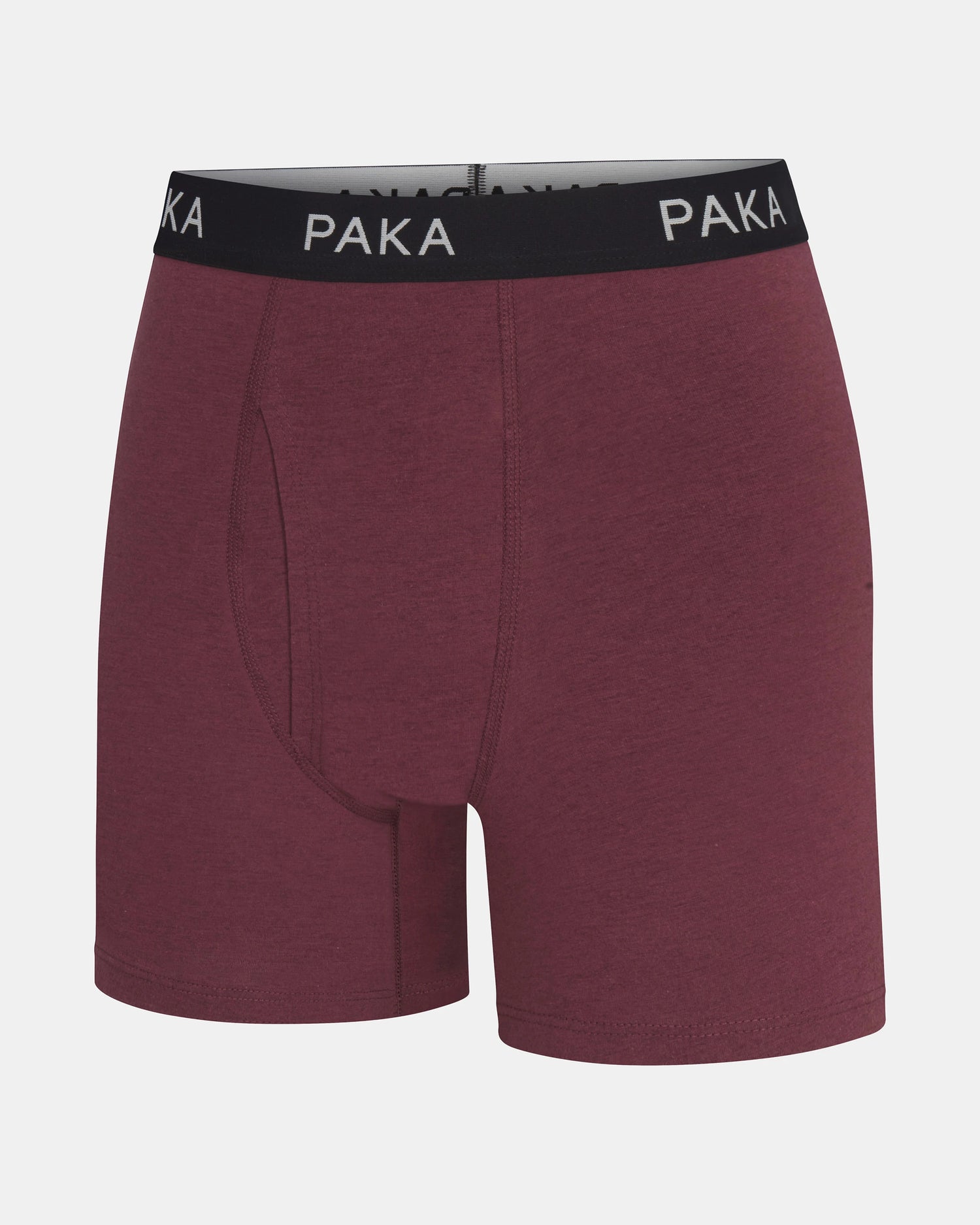 Front view of men’s Essential Boxer Brief in raisin with black PAKA branded waistband and contoured front pouch on light gray background