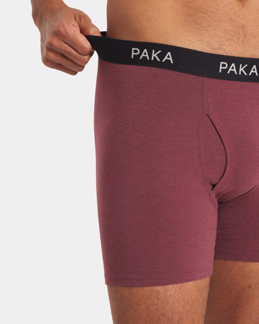 Front three-quarter of men’s Essential Boxer Brief in raisin, fitted on model, showing black PAKA waistband and front fly on white background