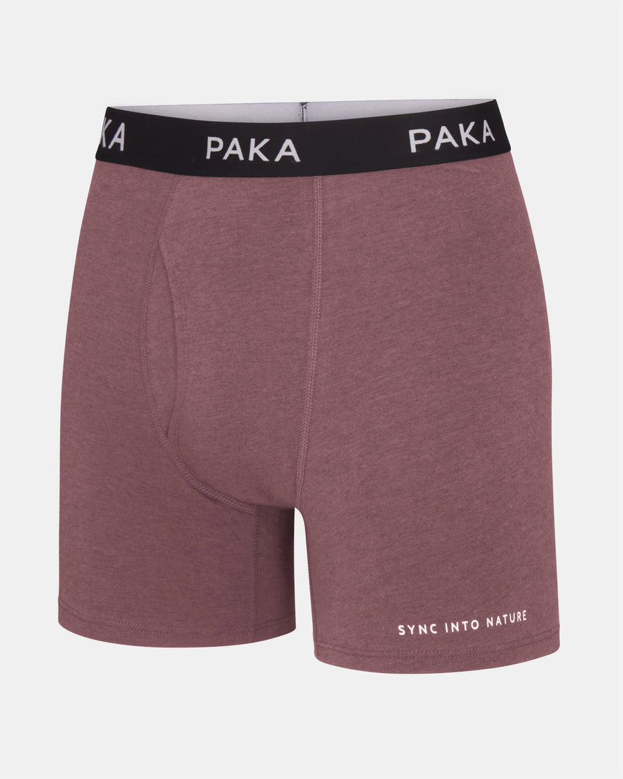 Mauve men's Essential Boxer Brief with black waistband on a light gray background