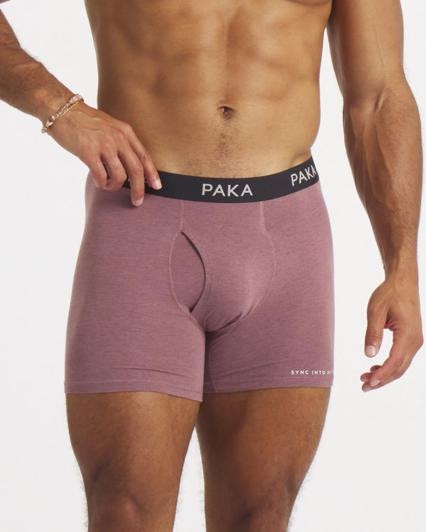 Front view of mauve Men’s Essential Boxer Brief, fitted on model, showing PAKA waistband and functional fly