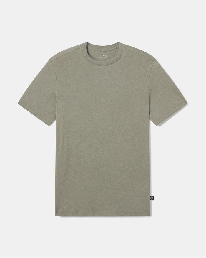 Flat‑lay of Men’s Essential Tee in willow green, front view showing crew neck, short sleeves, regular fit, small side hem tag