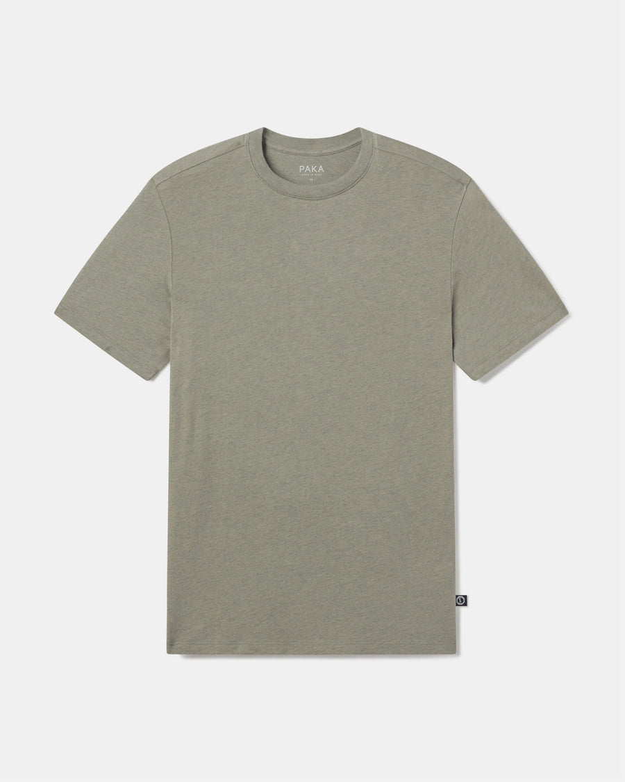 Flat‑lay of Men’s Essential Tee in willow green, front view showing crew neck, short sleeves, regular fit, small side hem tag
