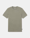 Flat‑lay of Men’s Essential Tee in willow green, front view showing crew neck, short sleeves, regular fit, small side hem tag