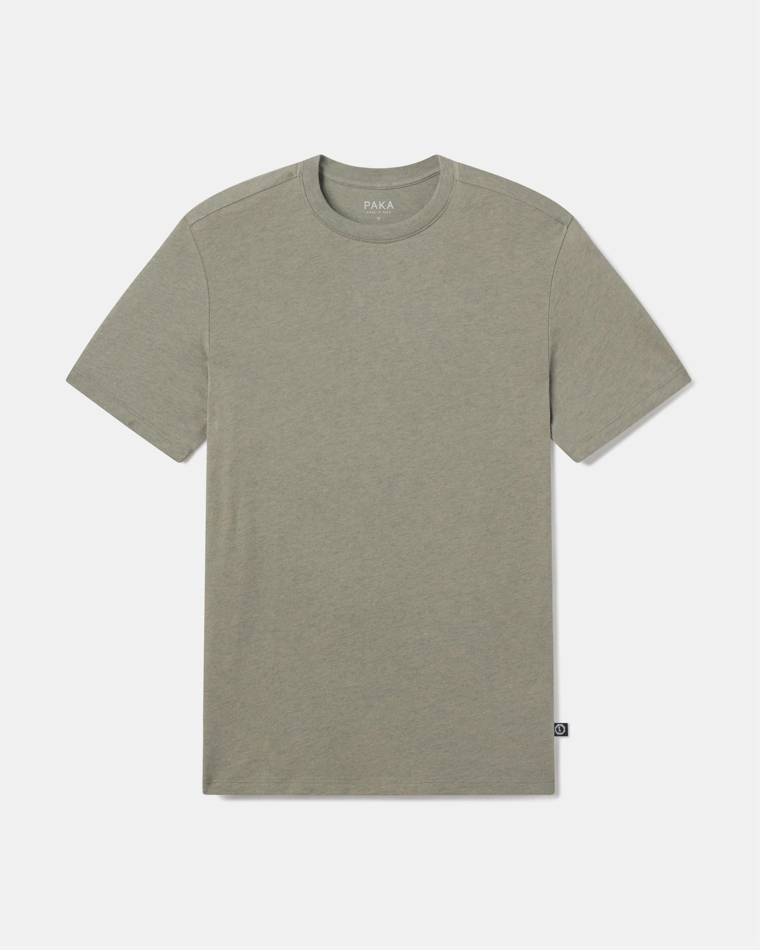 Flat‑lay of Men’s Essential Tee in willow green, front view showing crew neck, short sleeves, regular fit, small side hem tag