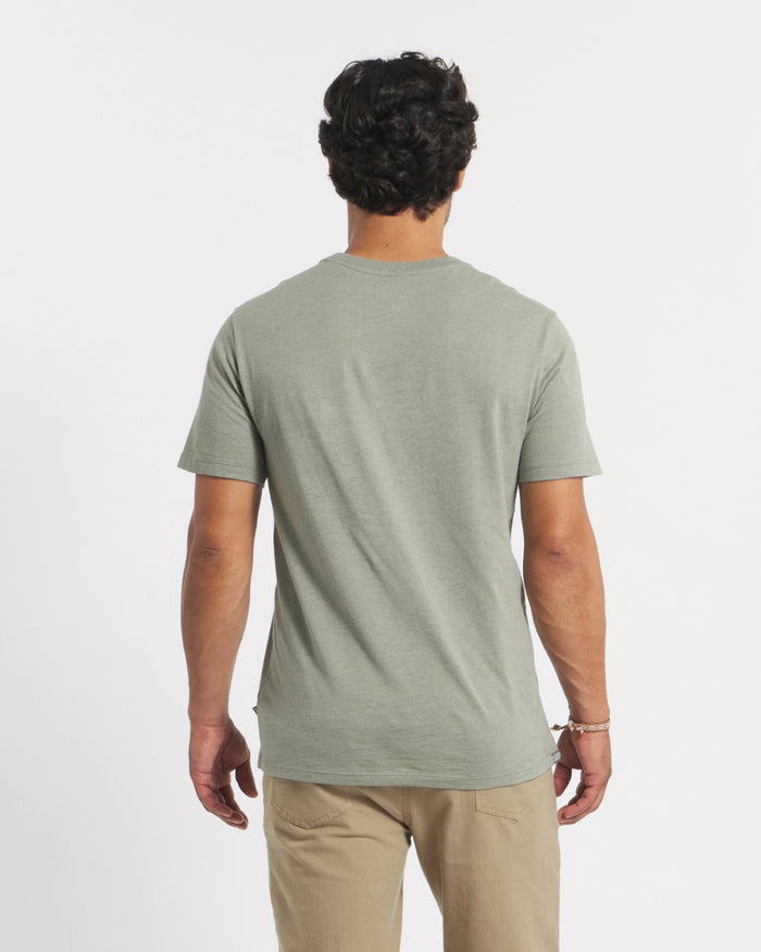 Back view of Men’s Essential Tee in willow green showing regular fit, short sleeves, crew neckline on plain white background