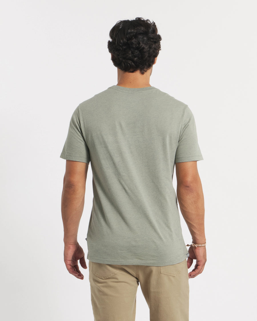 Back view of Men’s Essential Tee in willow green showing regular fit, short sleeves, crew neckline on plain white background