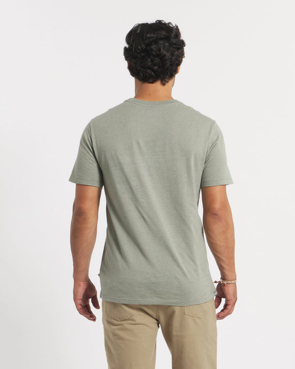 Back view of Men’s Essential Tee in willow green showing regular fit, short sleeves, crew neckline on plain white background