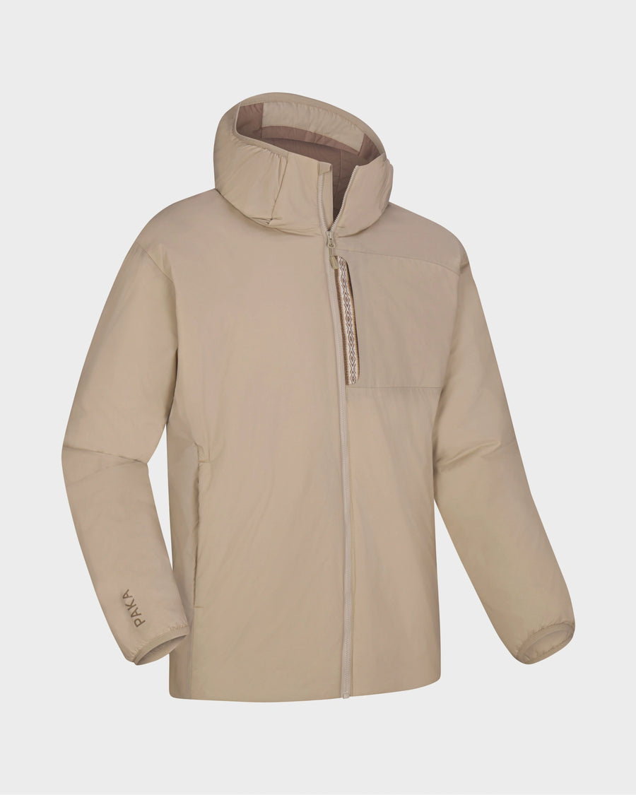 Front three-quarter view of Men’s Apu puffer jacket in Desert showing hood, chest zip pocket and side pockets