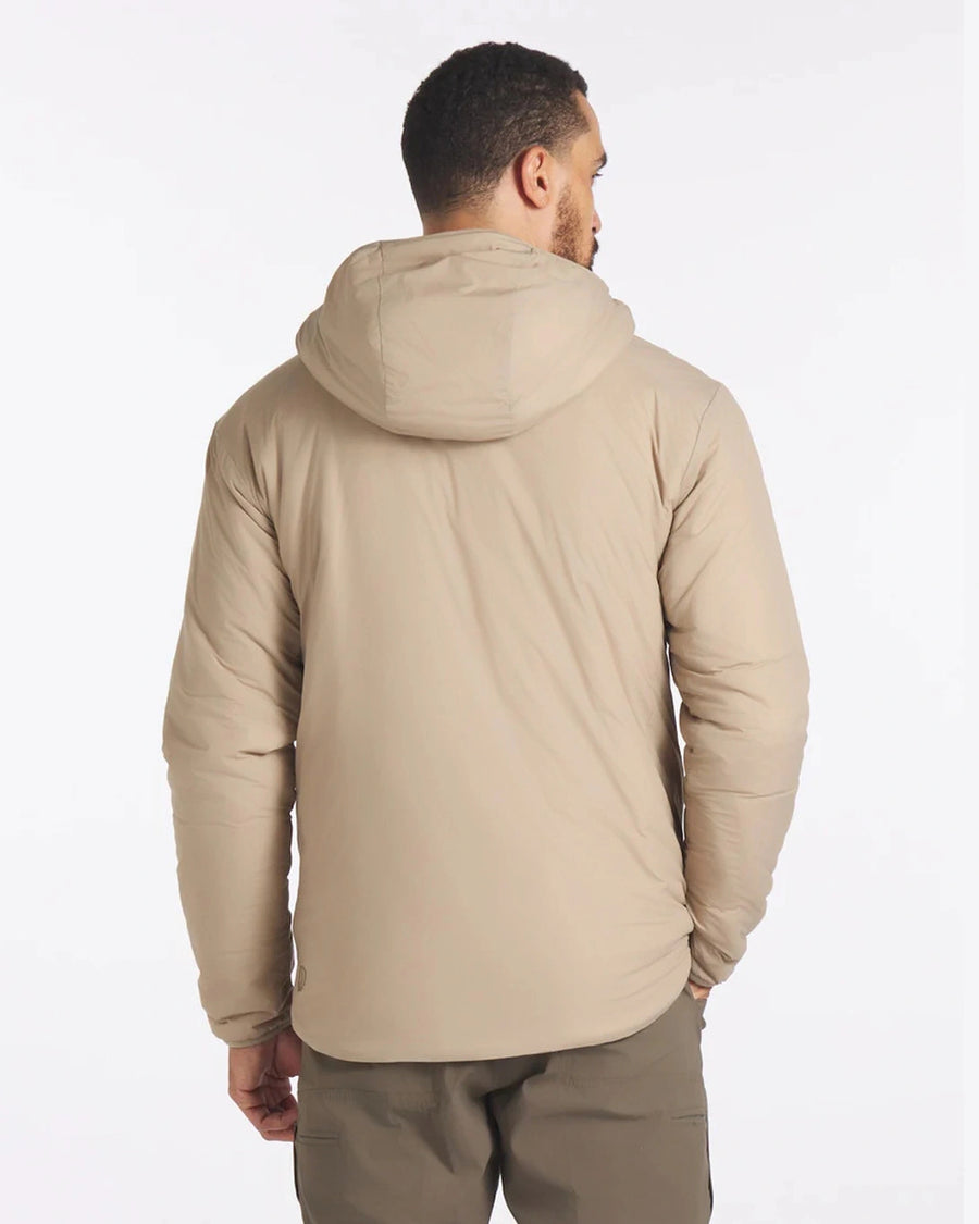 Back view of Men’s Apu Lightweight Puffer in Desert with attached hood and lightweight insulation, regular fit, white background