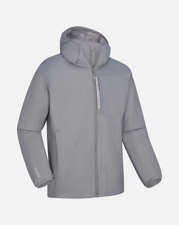 Front view of Men’s Apu puffer jacket in Storm with hood, chest zip pocket and full zipper on light background