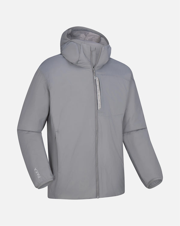 Front view of Men’s Apu puffer jacket in Storm with hood, chest zip pocket and full zipper on light background