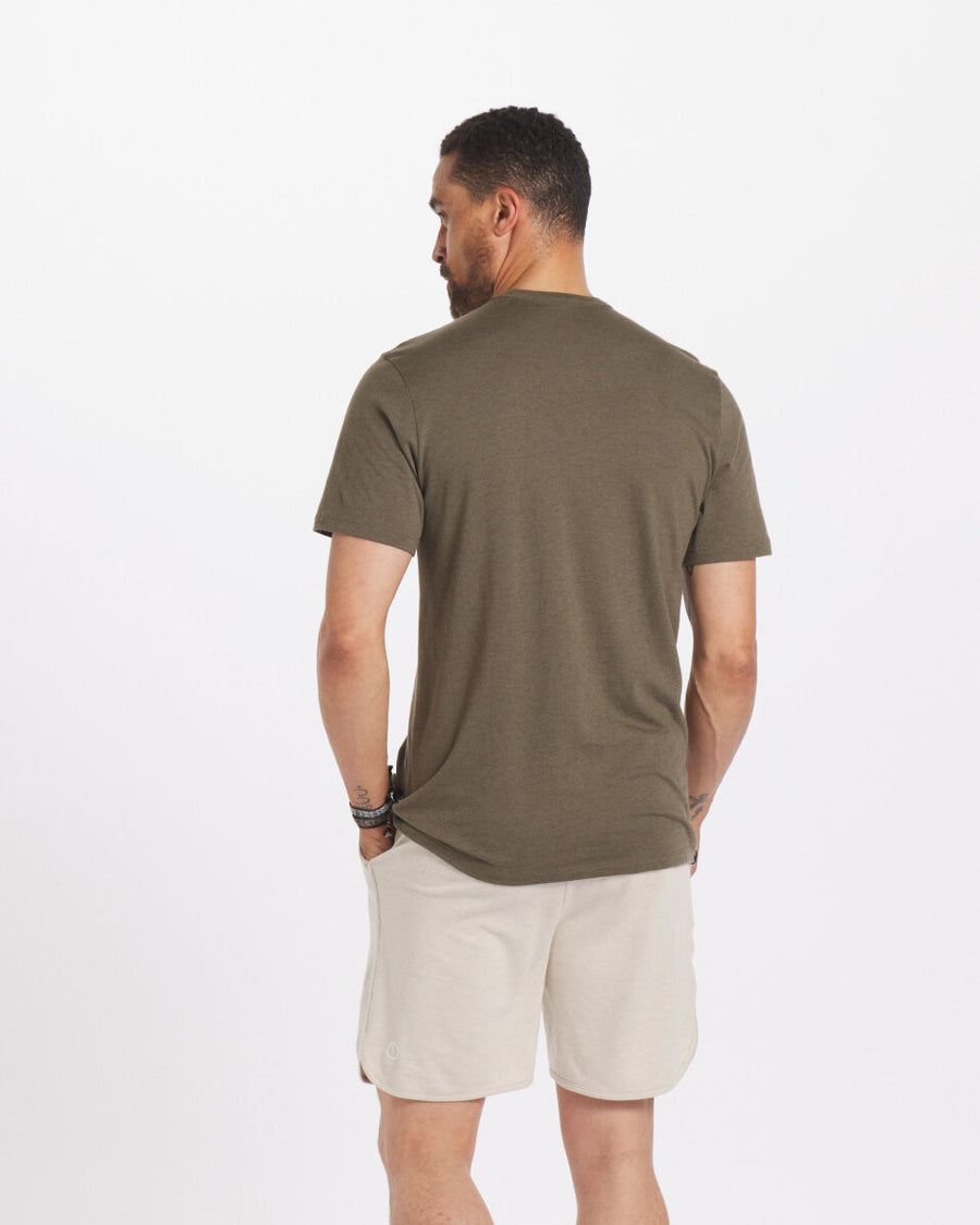 Back Shot of Model Wearing Andrean Moss / Dark Green Men's T-Shirt in Organic Pima Cotton and Alpaca Blend – PAKA Apparel