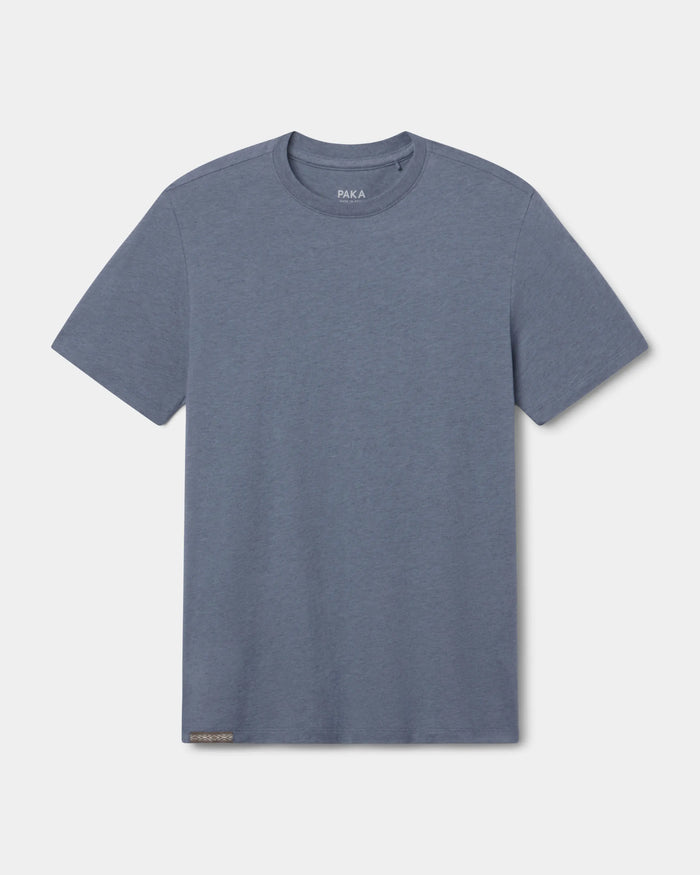 Front view of Men’s Essential Tee showcasing crew neck and short sleeves in bluestone on light gray background