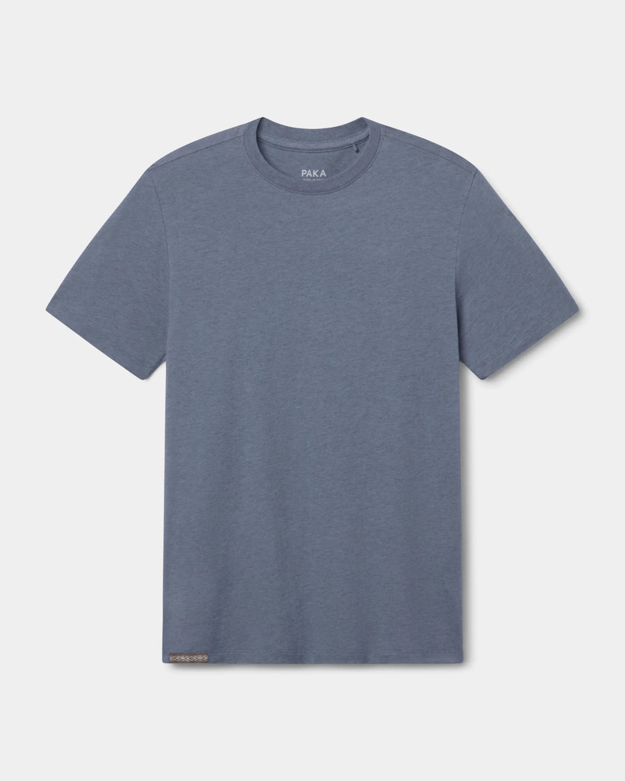 Front view of Men’s Essential Tee showcasing crew neck and short sleeves in bluestone on light gray background