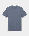 Front view of Men’s Essential Tee showcasing crew neck and short sleeves in bluestone on light gray background