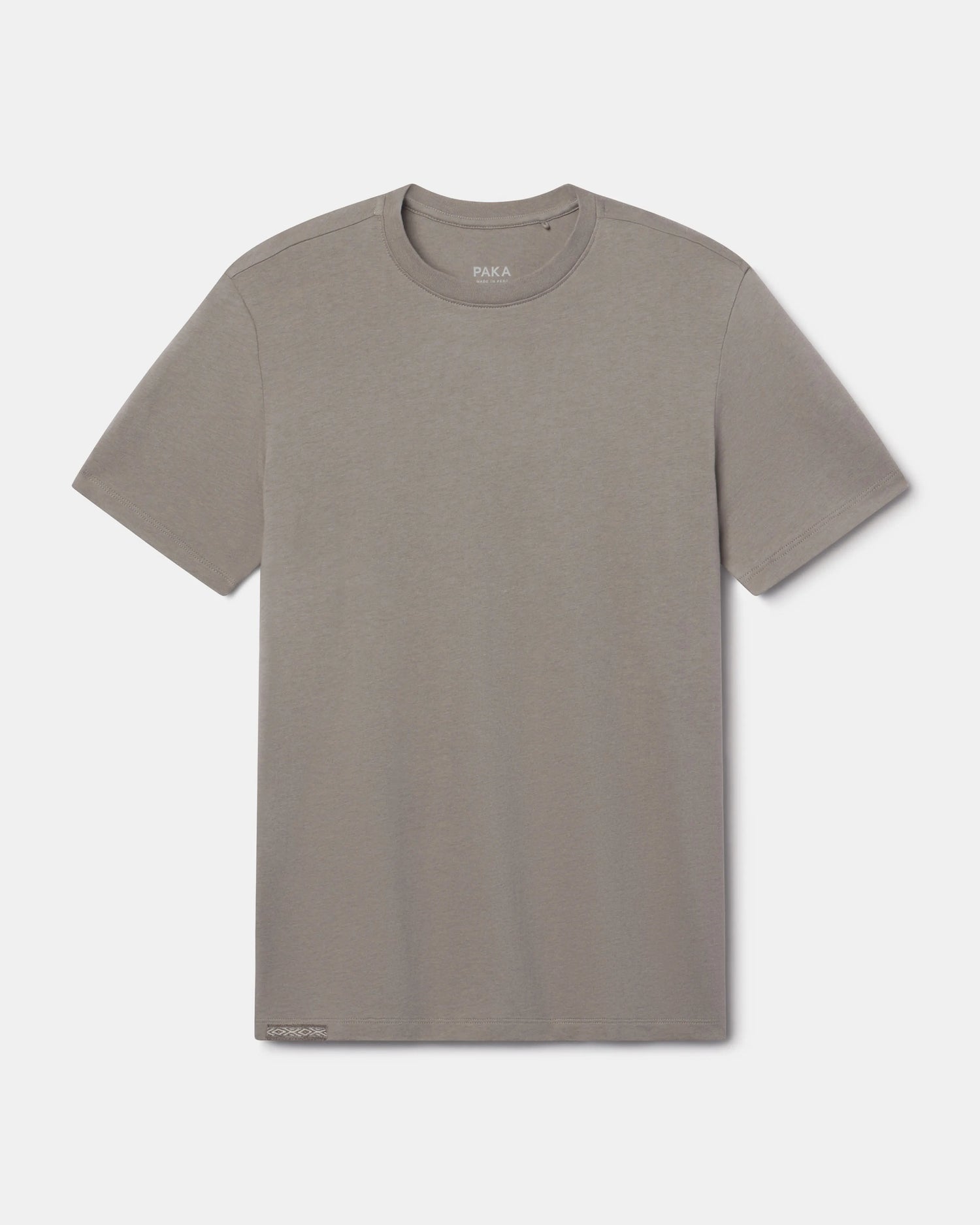 Front flat lay of Men’s Essential Tee in stone showing crew neck, short sleeves, and subtle branded hem tag on white background
