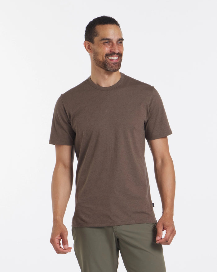 Model Smiling in Wood / Brown Men's Alpaca Wool and Organic Pima Cotton T-Shirt – PAKA Apparel
