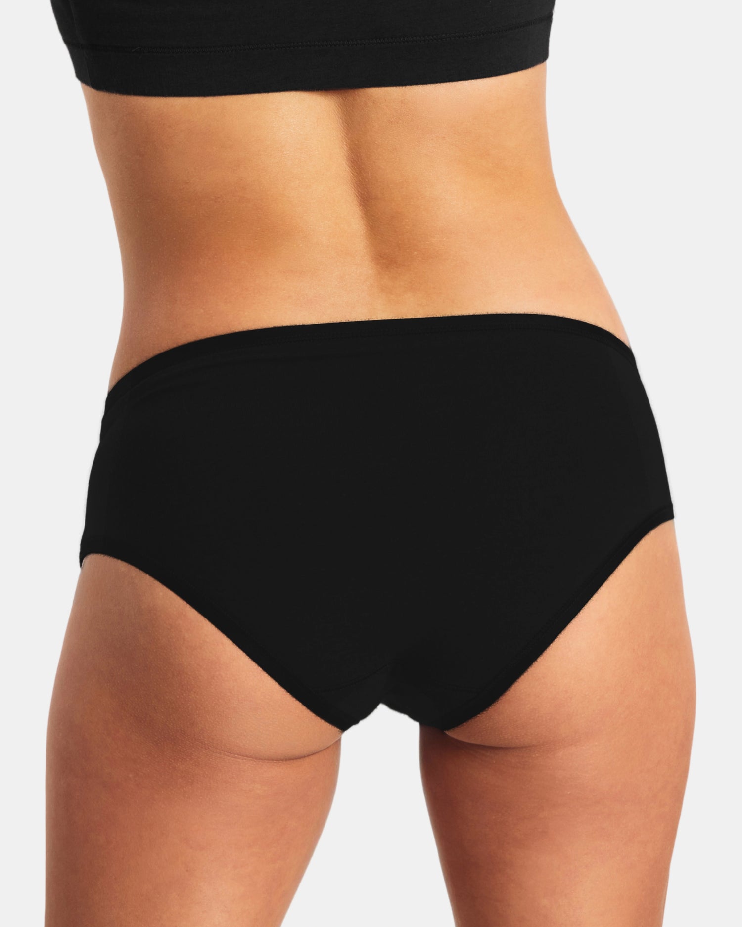 Black high-waisted underwear worn by a person on a plain background