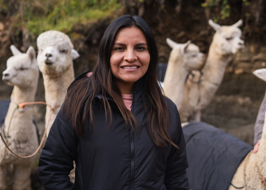Woman standing among alpacas in a natural setting