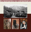 Collage of an Andean mountain landscape above three portraits of Quechua weavers and models wearing traditional woven garments