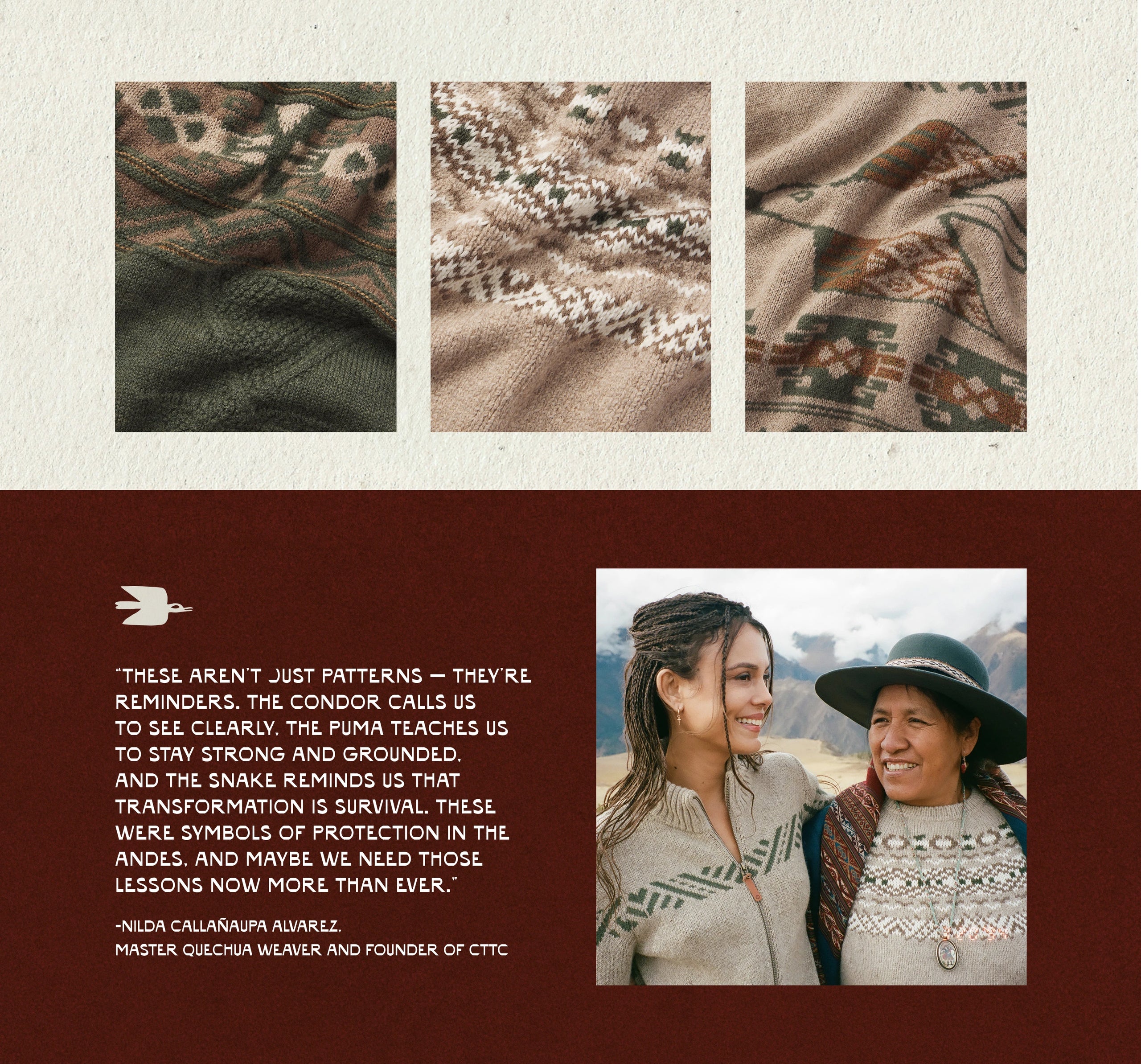 Collage of patterned textiles and two people wearing traditional clothing.