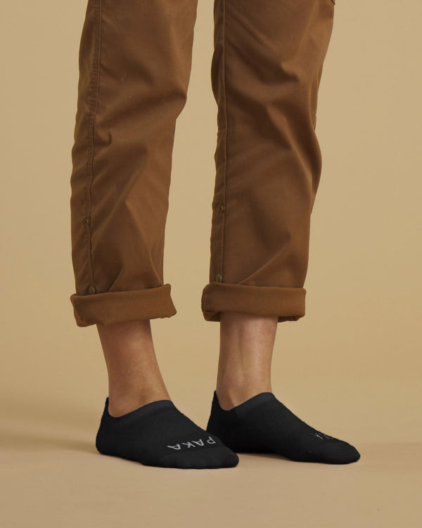 Dark Grey Essential No Show Alpaca Socks on Feet of Man with Brown Cuffed Pants – PAKA Apparel