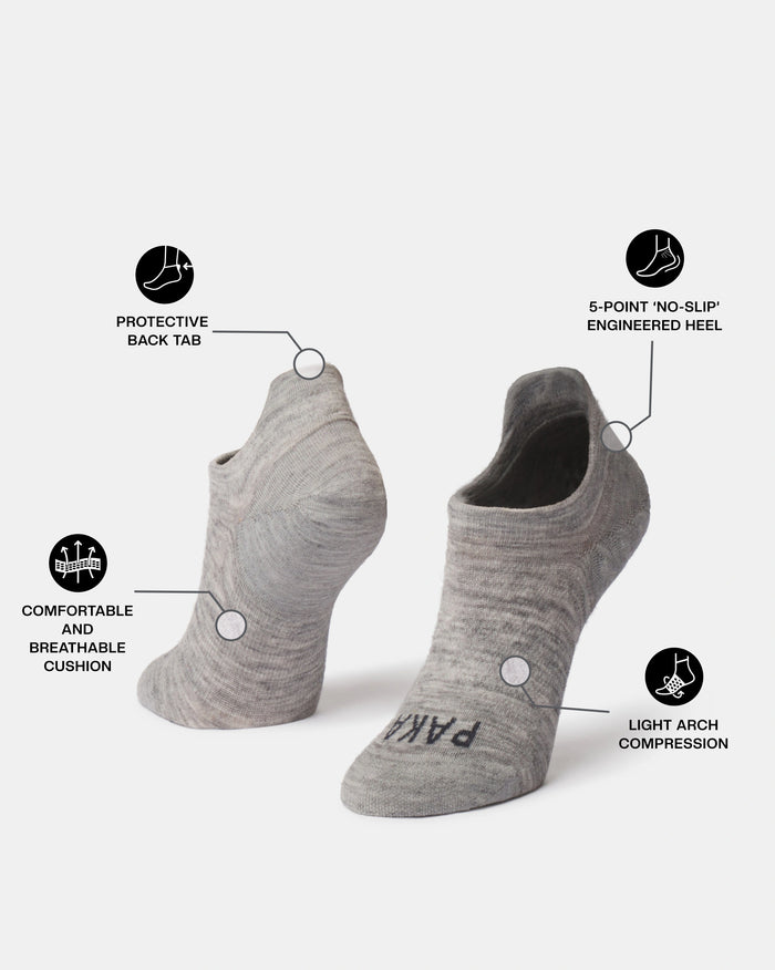 Side and front view of Essential no-show socks with protective back tab, no-slip heel, breathable cushion, light arch support