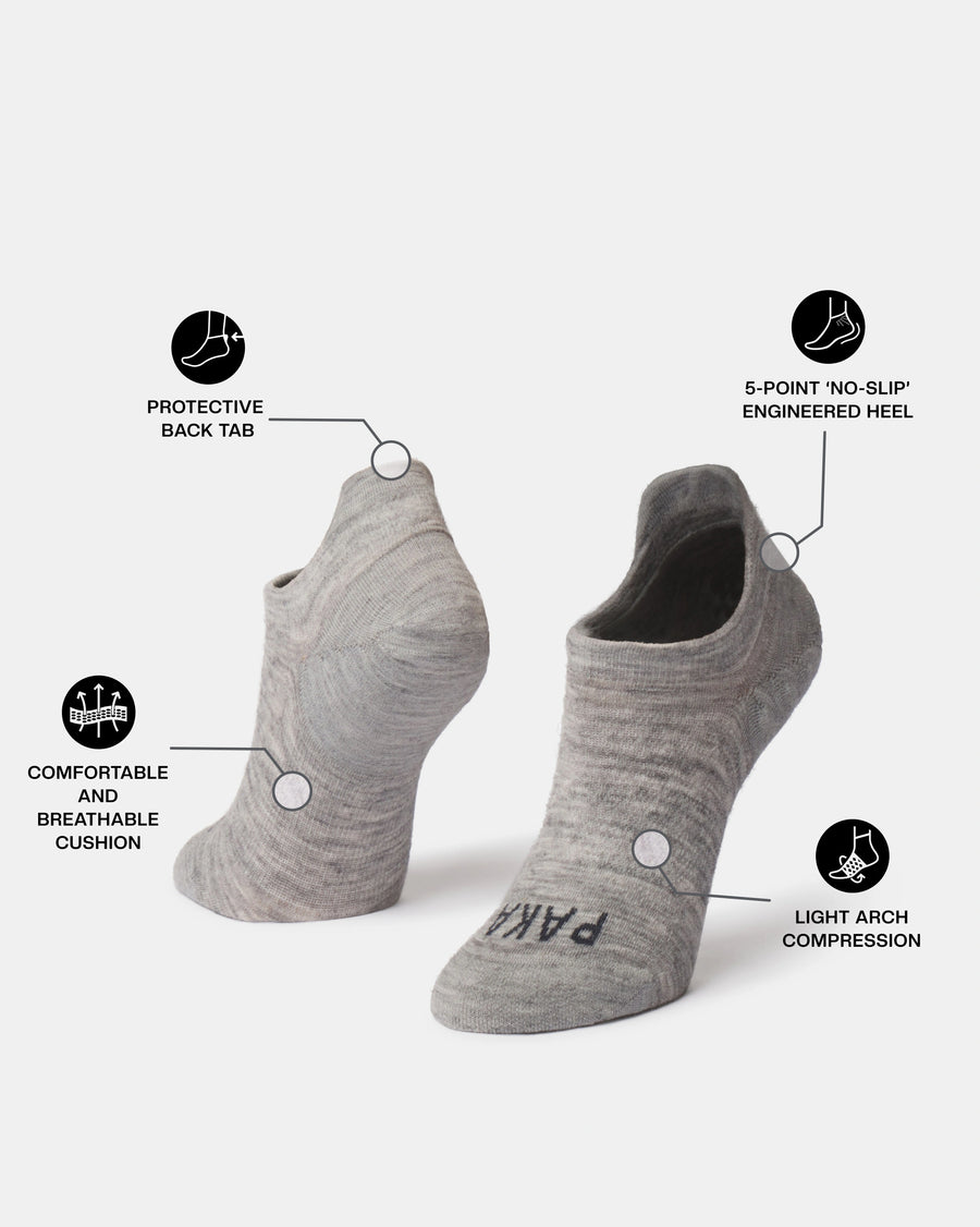 Side and front view of Essential no-show socks with protective back tab, no-slip heel, breathable cushion, light arch support