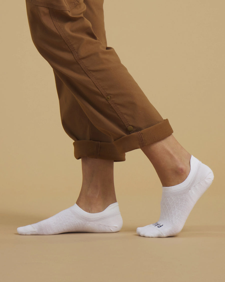 White Essential Alpaca No Show Socks on Feet of Man with Brown Cuffed Pants – PAKA Apparel
