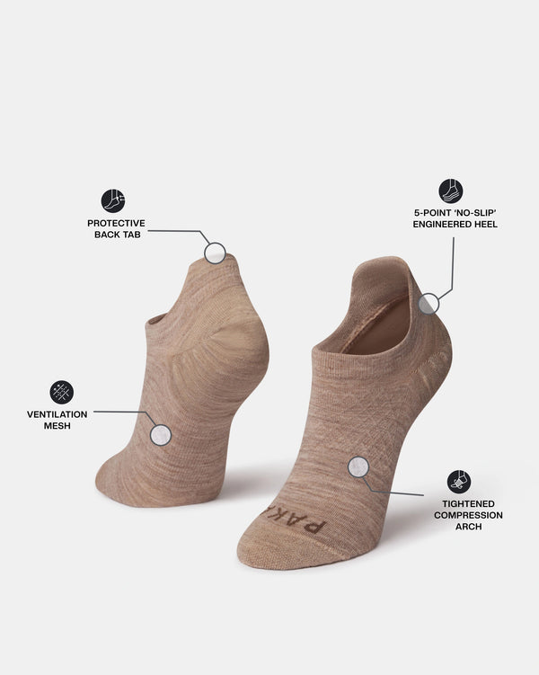 Angled front and heel view of Timber Essential No Show socks showing 5-point no-slip heel, ventilation mesh, compression arch