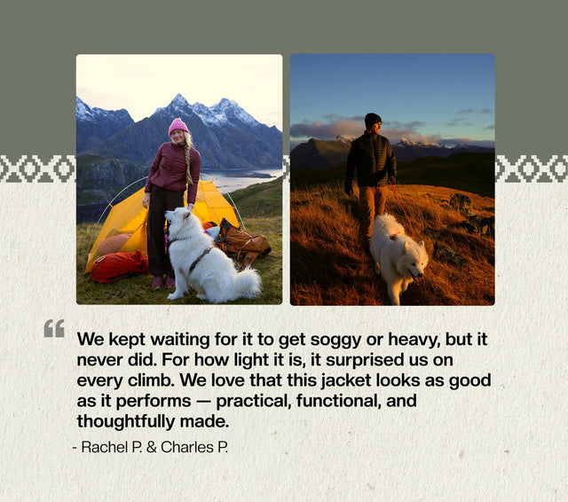 Two people in outdoor jackets standing on a rocky Norwegian Arctic coast