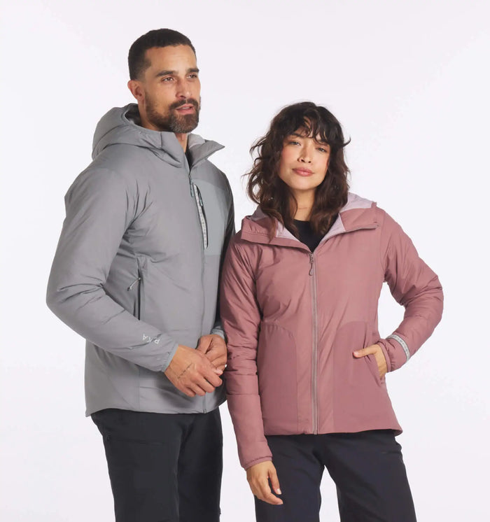 Front view of Apu Series jackets: men’s grey hooded jacket and women’s rose jacket, fitted on white background