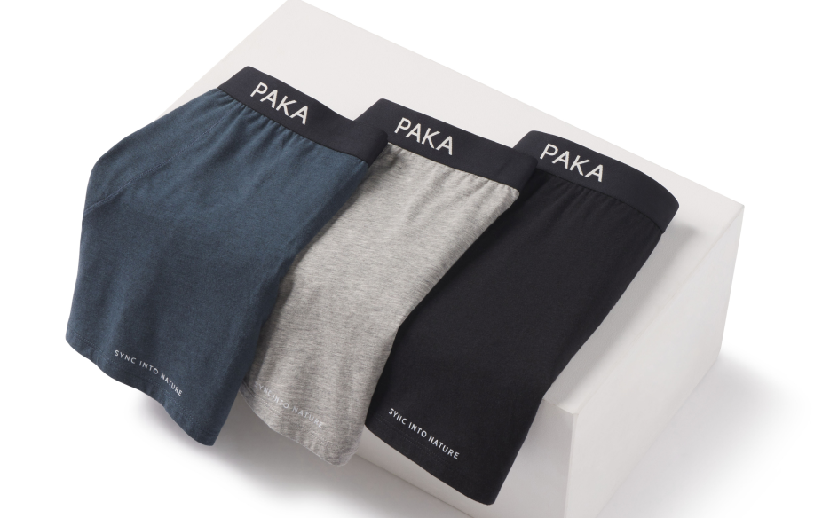Three Pack of Men’s Sustainable Alpaca Underwear in Blue, Heather / Grey and Black Laid Out on White Block – PAKA Apparel