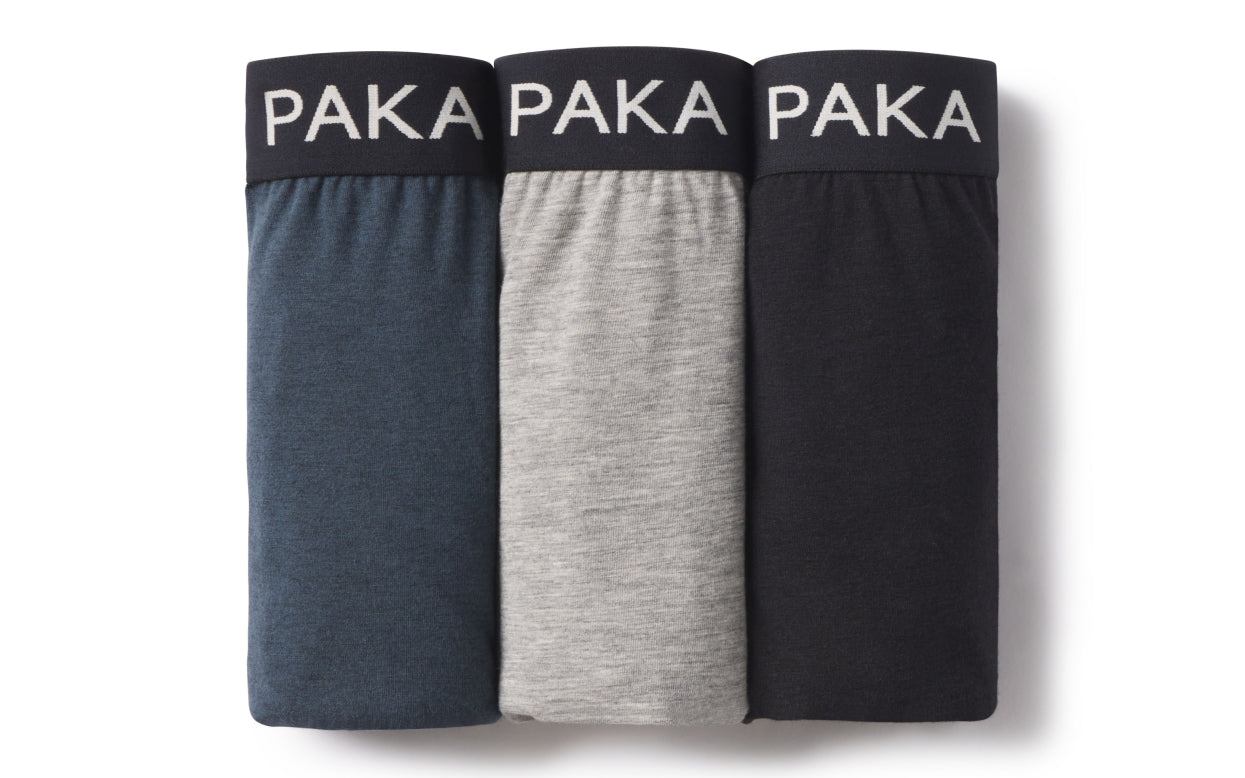 Rolled Three Pack of Sustainable Men's Alpaca Underwear in Blue, Heather / Grey and Black – PAKA Apparel