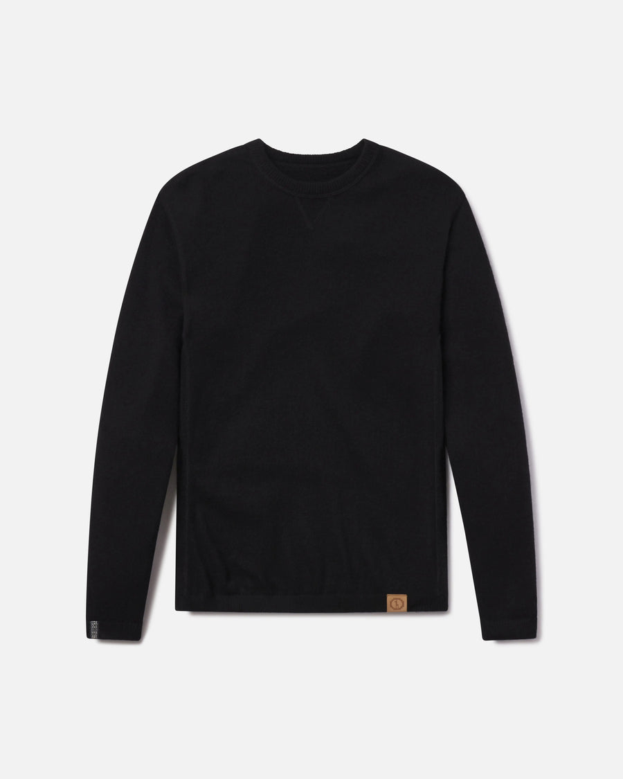 Front view of Lightweight Crew sweater in black showcasing crewneck, long sleeves, and leather logo patch on white background