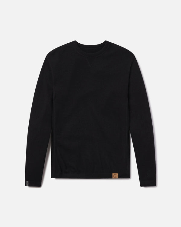 Front view of Lightweight Crew sweater in black showcasing crewneck, long sleeves, and leather logo patch on white background