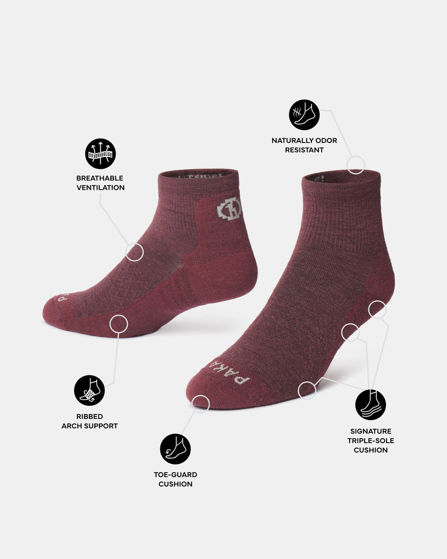 Trail 1/4 Crew Socks, angled view in burgundy, showing breathable ventilation, ribbed arch support and triple-sole cushion