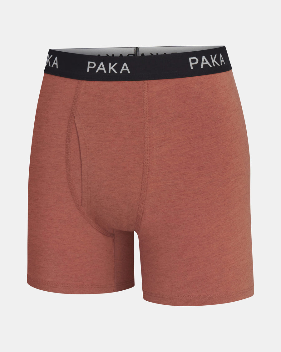 Front view of Men’s Essential Boxer Brief in cinnamon showcasing black PAKA branded waistband on light gray background