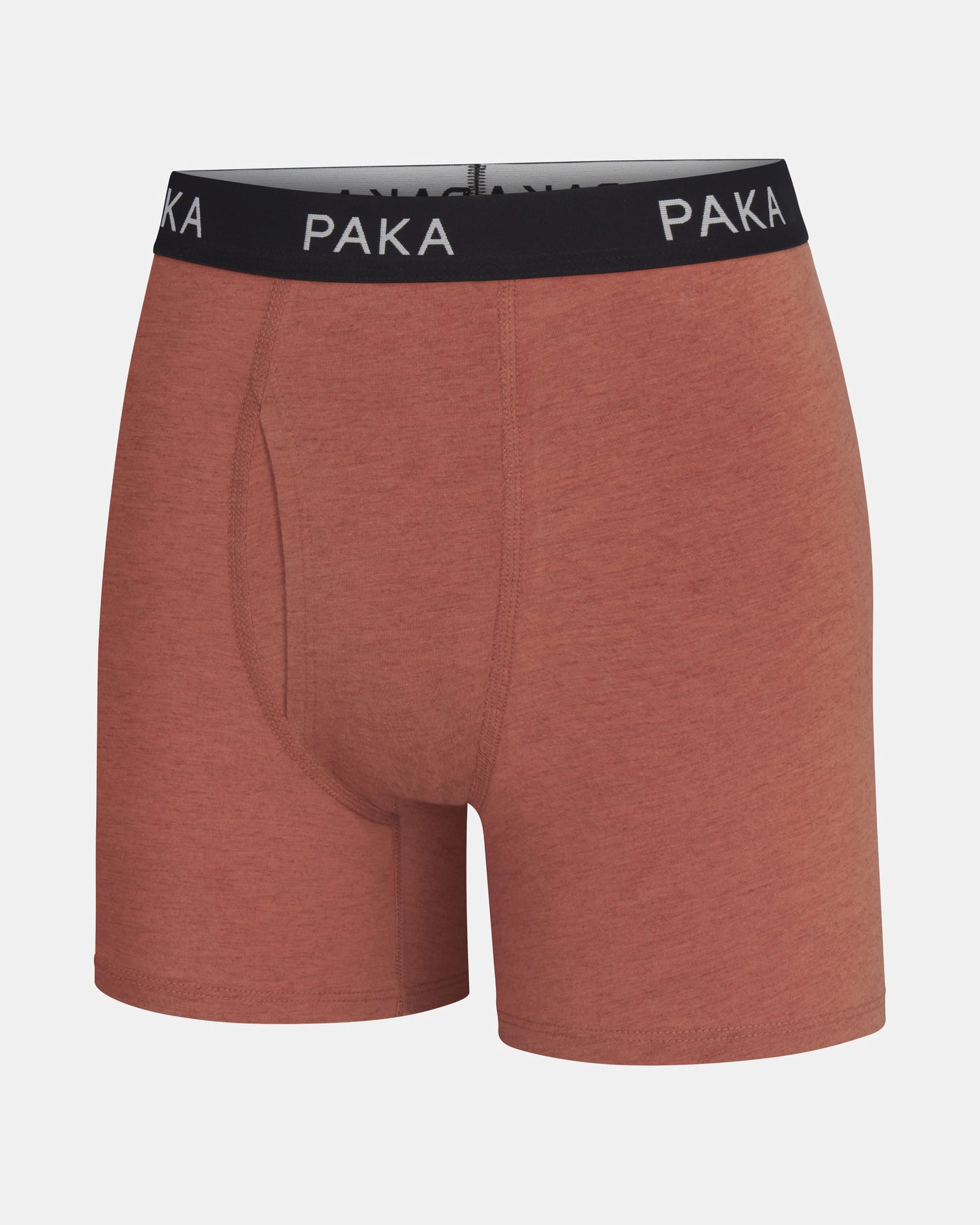 Front view of Men’s Essential Boxer Brief in cinnamon showcasing black PAKA branded waistband on light gray background