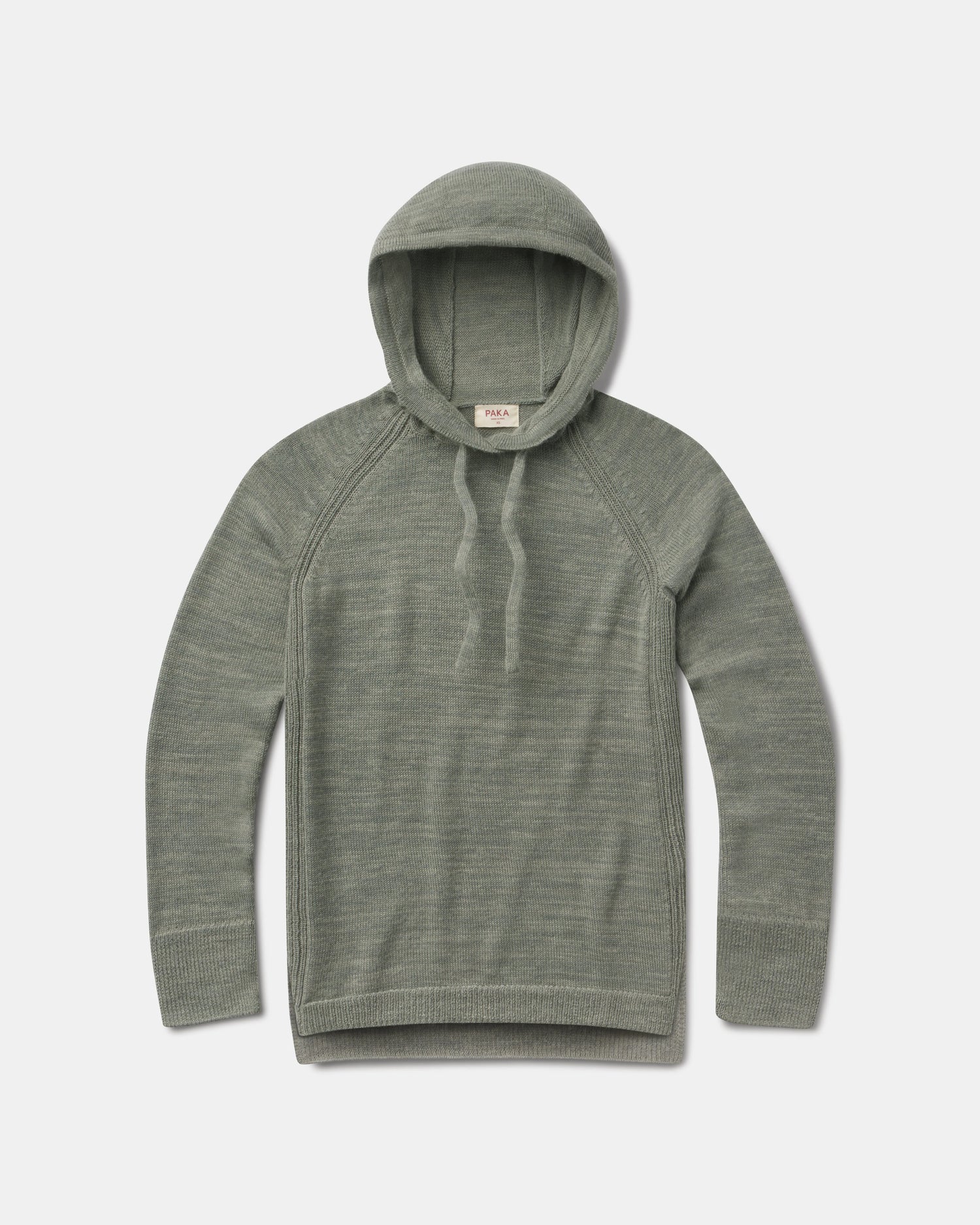 Flat lay of women’s lightweight alpaca hoodie showing hood with drawstrings, raglan sleeves and ribbed cuffs on a light gray background