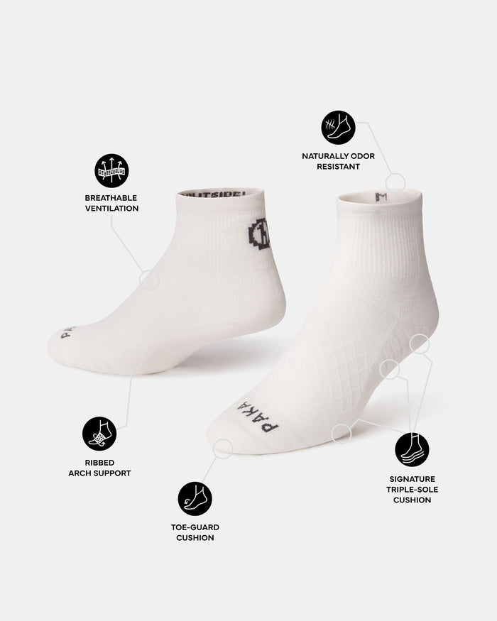 Angled view of white Trail 1/4 crew socks showing breathable ventilation, ribbed arch support and triple-sole cushion