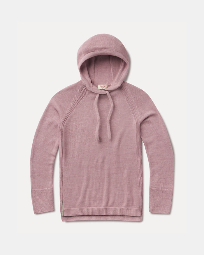 Flat lay front of dusty rose women’s alpaca hoodie, drawstring hood, raglan sleeves, ribbed cuffs and hem on white background