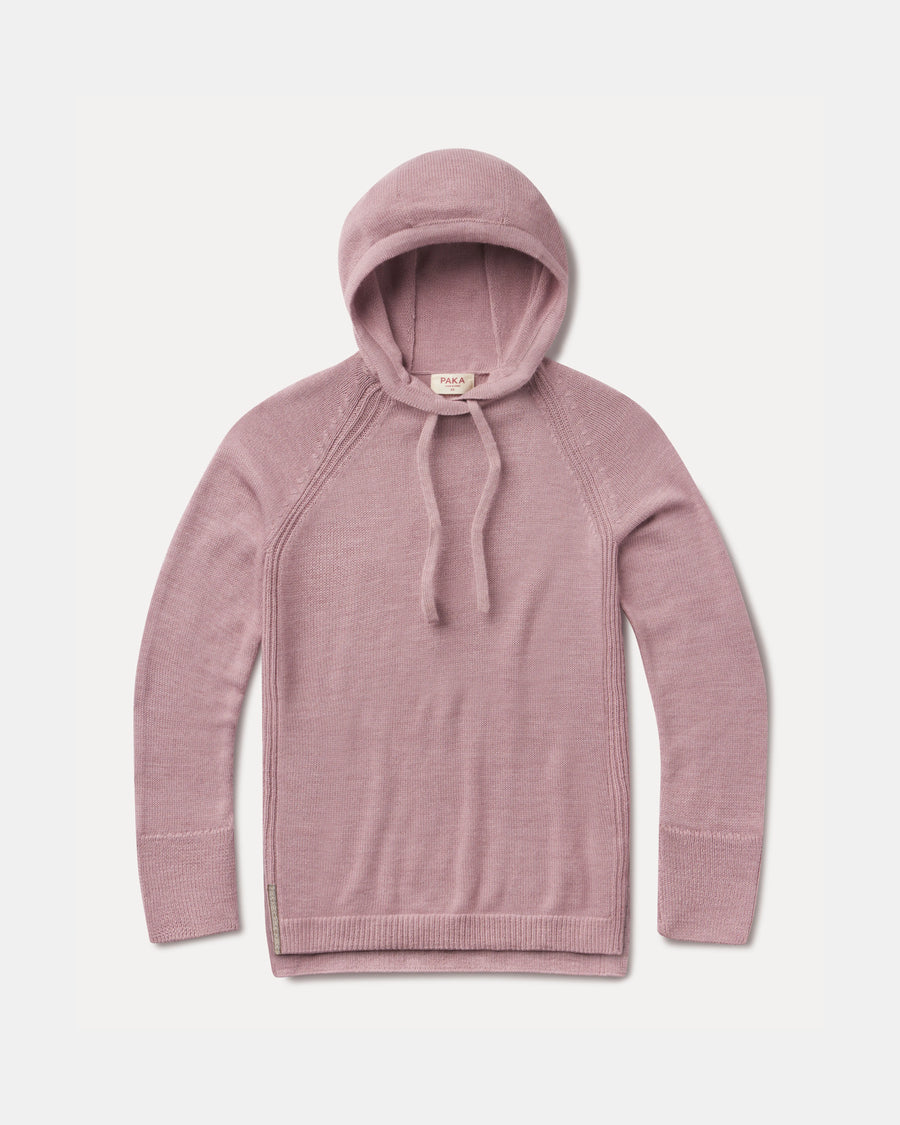 Flat lay front of dusty rose women’s alpaca hoodie, drawstring hood, raglan sleeves, ribbed cuffs and hem on white background