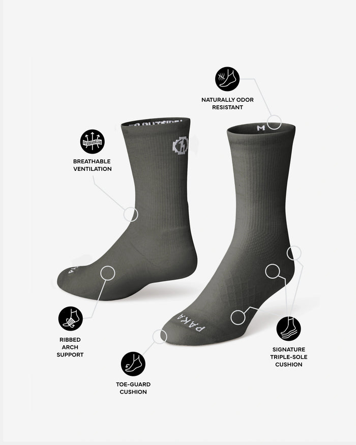 Angled front of Trail 3/4 Crew socks in charcoal showing breathable vents, triple-sole cushion, and odor resistant