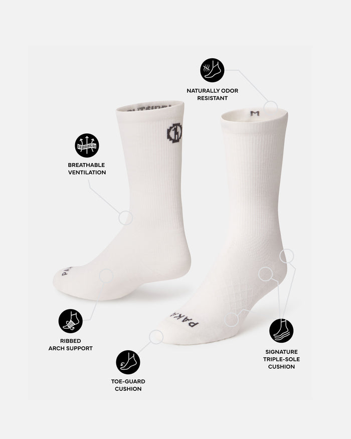 Front view of white Trail Crew Socks showing ribbed arch support, toe-guard and triple-sole cushioning