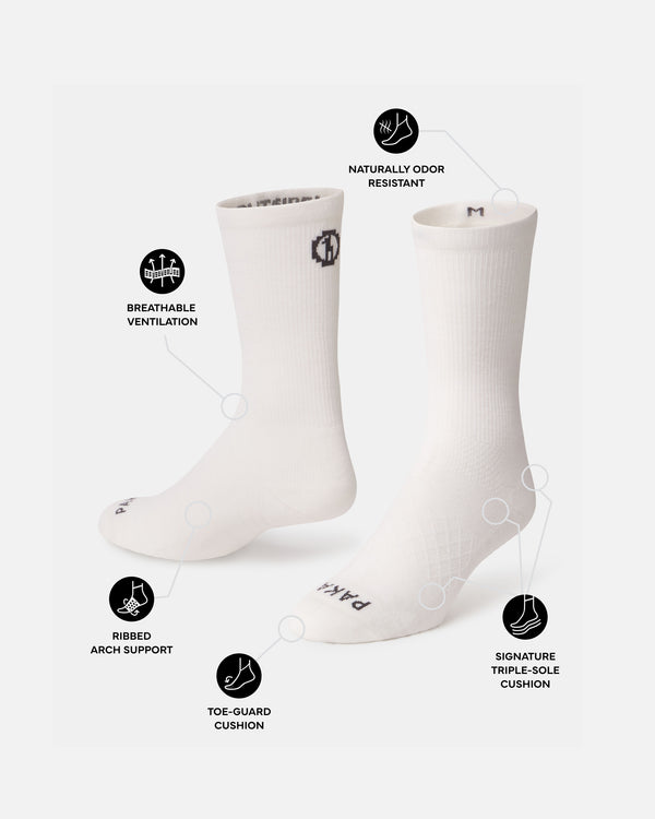 Front view of white Trail Crew Socks showing ribbed arch support, toe-guard and triple-sole cushioning