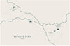 Map showing locations and route between Cusco, Machu Picchu, Ausangate, and Rainbow Mountain