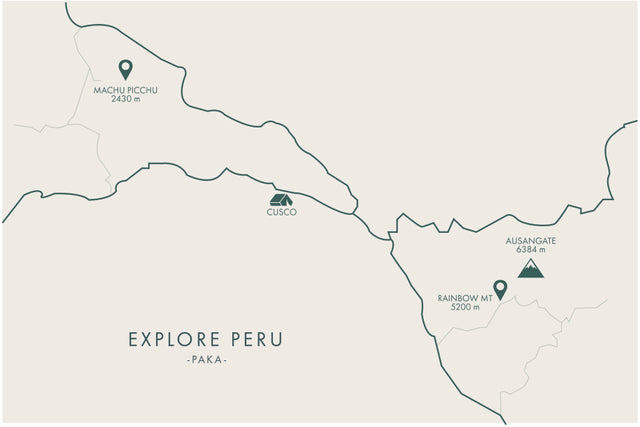 Map showing locations and route between Cusco, Machu Picchu, Ausangate, and Rainbow Mountain
